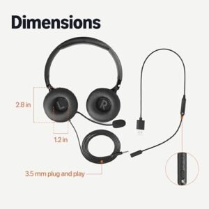 Amazon Basics On Ear Wired Computer Headset with Adjustable Microphone, 3.5mm Port or in Line Control with USB-A Port, Foldable, One Size, Black