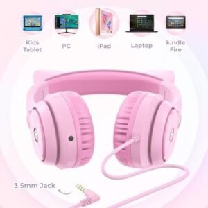 iClever Kids Headphones with Cat Ear Led Light Up, Safe Volume Limite, FunShare, Foldable, Over-Ear Headphones for Kids for School/iPad/Tablet/Travel, Meow Donut-Pink