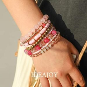 Pink Bracelets Bohemian Multi-Layer Beaded Stacking,8 Pcs Versatile Strand Stretch Sparkly Crystal Beads Wrap Slip-on Cuff Bangle Set