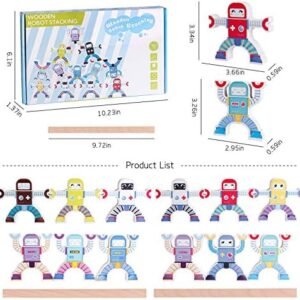 Wooden Robots Stacking Balancing Block Puzzle Game Building Toy Educational STEM Montessori for Preschool Kids Toddlers Sorting Skill Developing Intelligence Play Kits