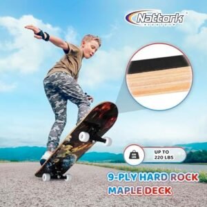 Nattork 31 Inch Complete Skateboard, Standard Skateboards for Beginners, Wood 9 Layer Canadian Maple Trick Skate Boards for Boys Girls Youth Teens Adults