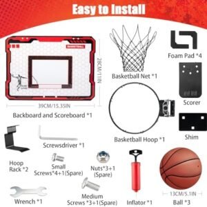 Indoor Basketball Hoop for Kids with Led Lights Mini Basketball Hoop with Remote Control Over The Door Basketball Hoops with Scoreboard Basketball Toys for 4-12 Year Old Boys Girls