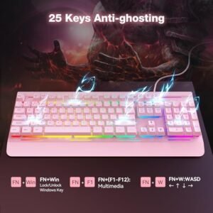 TECKNET Gaming Keyboard, USB Wired Computer Keyboard, 15-Zone RGB Illumination, IP32 Water Resistance, 25 Anti-ghosting Keys, All-Metal Panel (Whisper Quiet Gaming Switch)