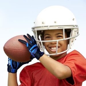 Football Gloves for Kids 8-12,No-Slip Youth Wide Receiver Glove,Enhanced Performance Silicone Gloves, Adjustable Super Sticky for Boys and Girls (Blue-Black-M/L)