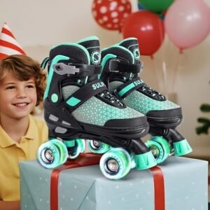 SULIFEEL Roller Skates for Girls Boys Kids,4 Sizes Adjustable Quad Skates with Light up Wheels,Safe Fun Children Skates, Best Gift for Beginners Indoor Outdoor Sports