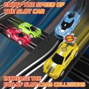 Slot Car Race Track Sets with 4 Slot Cars, LED 360°Dual Race Circular Overpass Track, Battery or Electric Car Race Tracks, Birthday Toys for Boys Kids Age 4-7 8-13